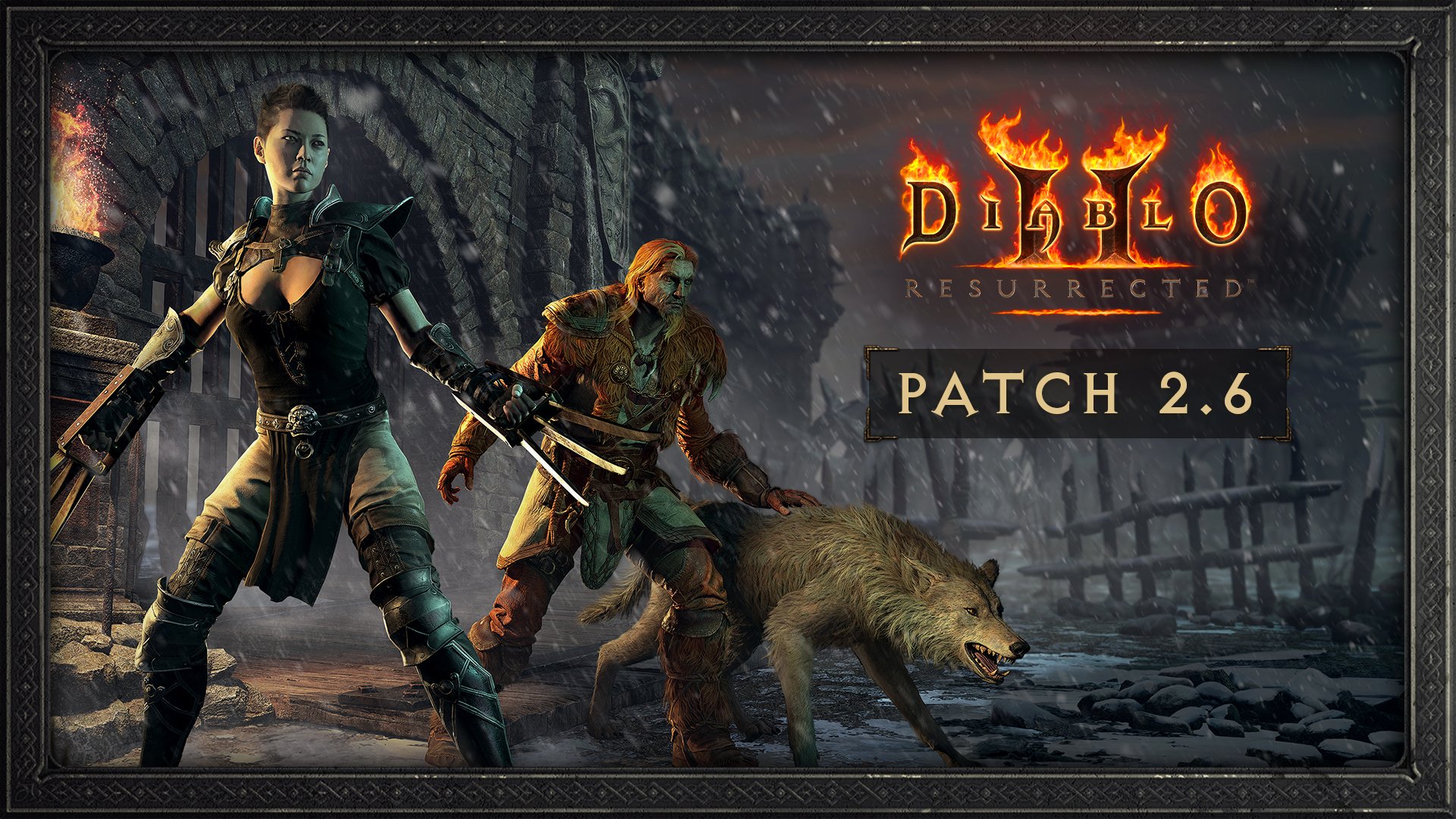 Diablo 2 Assassin and Druid in the snow, next to a Diablo 2 Resurrected logo and text that reads, patch 2.6.