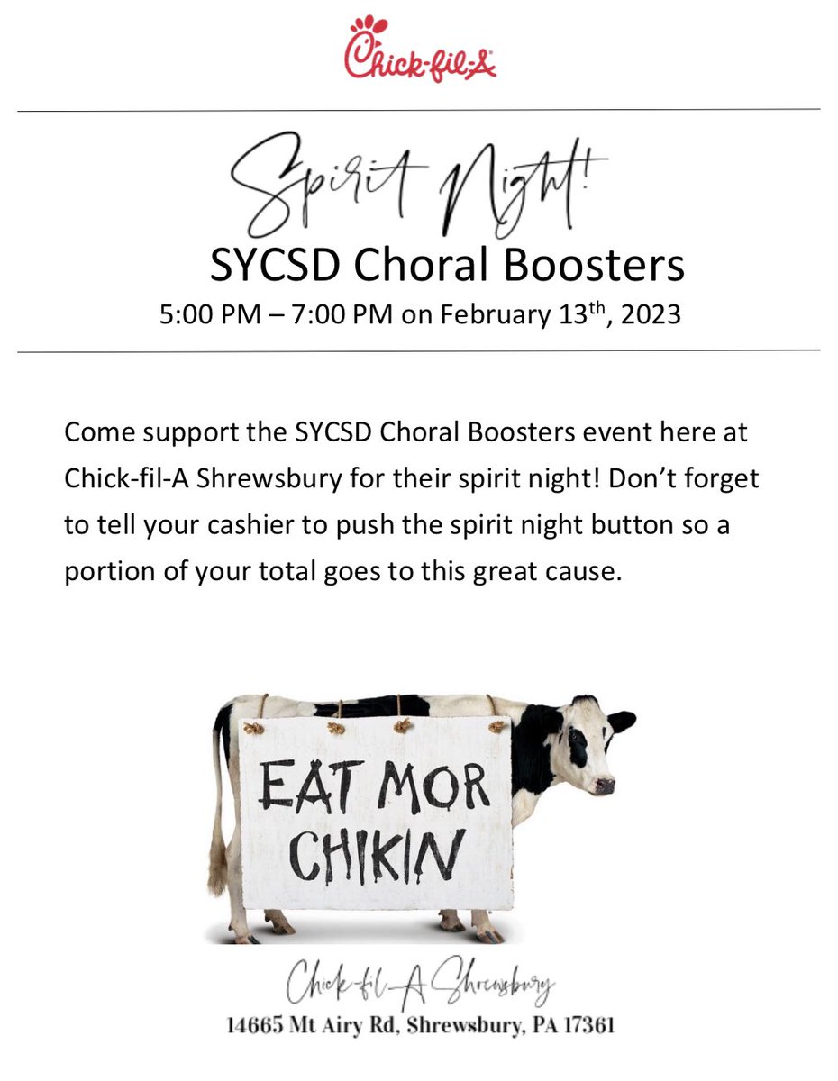 SYCSD Choirs (@sycsdchoirs) on Twitter photo Alert 🚨 Spirit Night at Chick-fil-A in Shrewsbury! Join us to help support the choirs of the <a href="/SYCSD/">Southern York SD</a>! Every person counts! Your help will allow our choirs to continue to count on the Choral Boosters to support them via festivals, trips, etc.! Hope to see you there! Alert 🚨 Spirit Night at Chick-fil-A in Shrewsbury! Join us to help support the choirs of the <a href="/SYCSD/">Southern York SD</a>! Every person counts! Your help will allow our choirs to continue to count on the Choral Boosters to support them via festivals, trips, etc.! Hope to see you there!