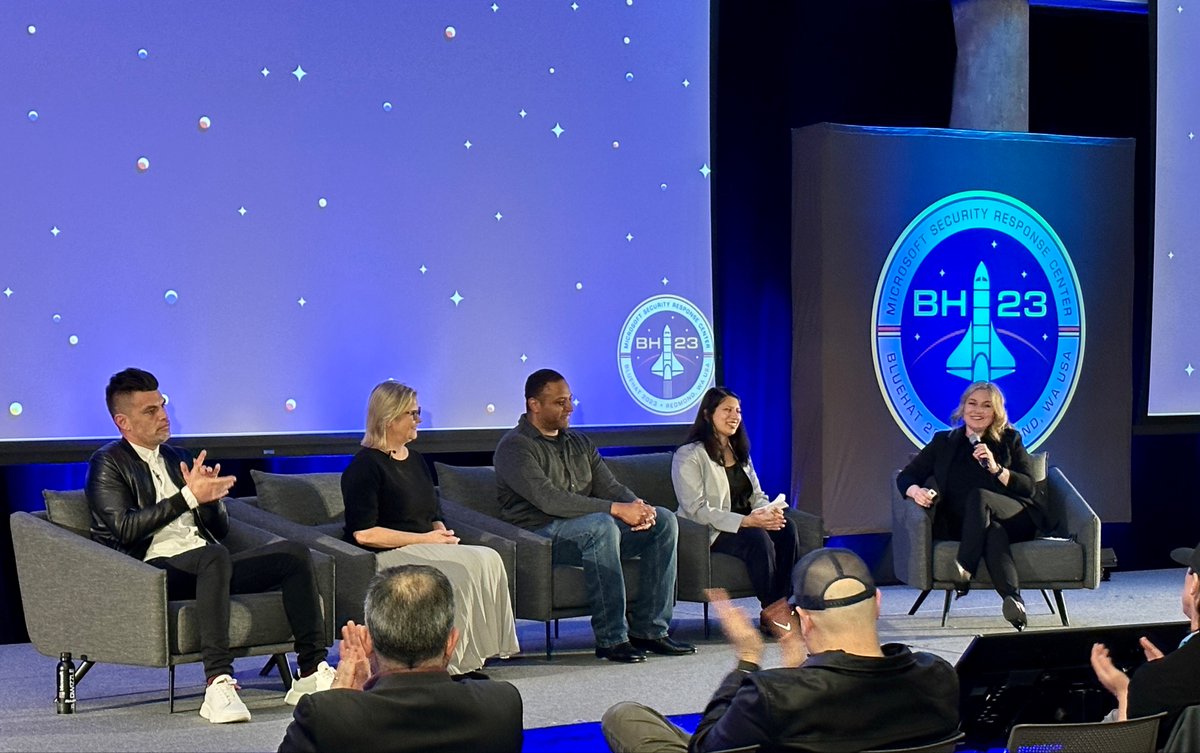 MSFTBlueHat's tweet photo. Dr. Abhilasha Bhargav-Spantzel @spantzel , David Weston @dwizzzleMSFT, Dr. Andre Alfred, Cristin Goodwin @CristinGoodwin, and Stephanie Calabrese @fromsteph2u are now on stage for the Stronger Together: Celebrating the Researcher Community Panel. #BlueHat https://t.co/YG1ovdEoXt