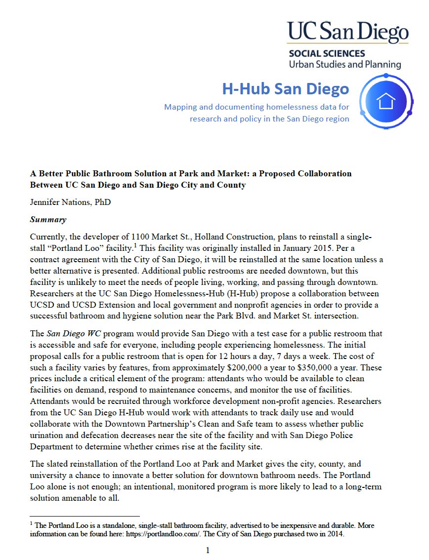 LoriSaldanaSD's tweet photo. What do researchers say?
Health researchers @SDSU advise #SanDiego to provide more restrooms
But: @UCSD paid $5K for a proposal looking at reasons to avoid re-installing a #PortlandLoo next to their downtown offices, as required in their development contract w/@CityofSanDiego
4/ https://t.co/42Qorc7SD5