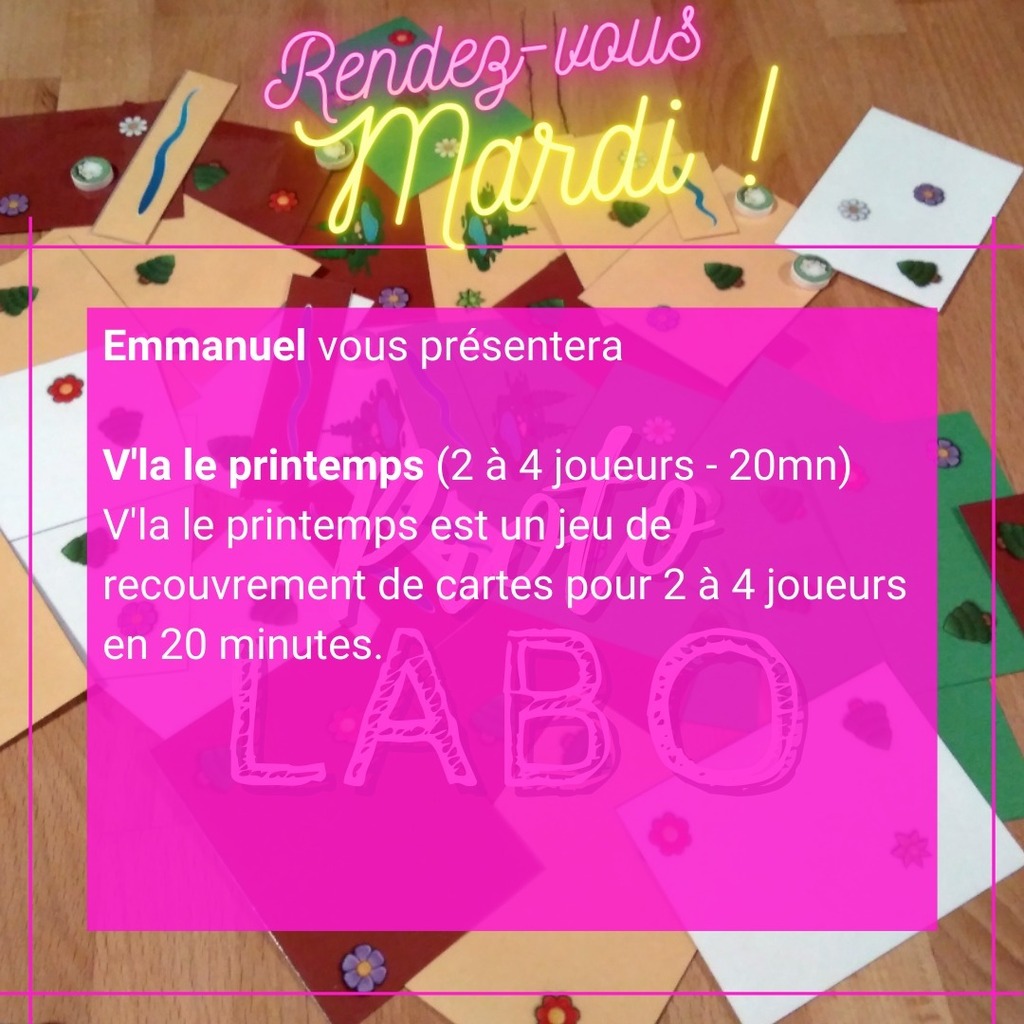 Kfeedesjeux's tweet photo. On vous donne rendez-vous mardi à partir de 20h, pour le ProtoLabo !
Emmanuel vous présentera
V'la le printemps (2 à 4 joueurs - 20mn)
V'la le printemps est un jeu de recouvrement de cartes pour 2 à 4 joueurs en 20 minutes.
#j2s #protolabo #kfeedesjeux #prototypes #grenob… https://t.co/JxCJwkVG31