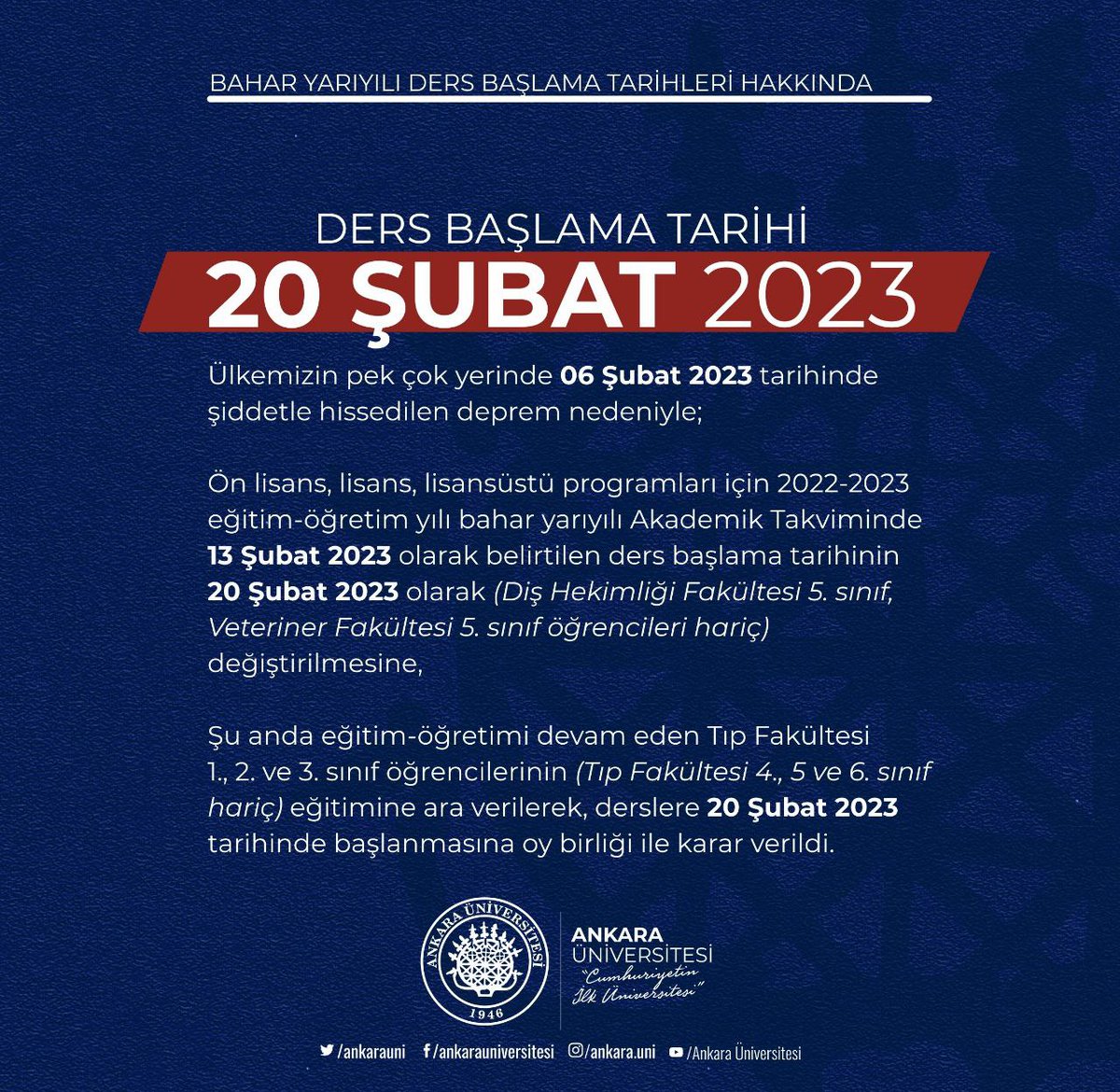 20 ŞUBAT 2023

Ülkemizin pek çok yerinde 06 Şubat 2023 tarihinde şiddetle hissedilen deprem nedeniyle; ders başlama tarihinin "20 Şubat 2023" olarak değiştirilmesine oy birliği ile karar verilmiştir. 

📍Harici bölüm ve sınıflar için metnin tamamına bakınız.
