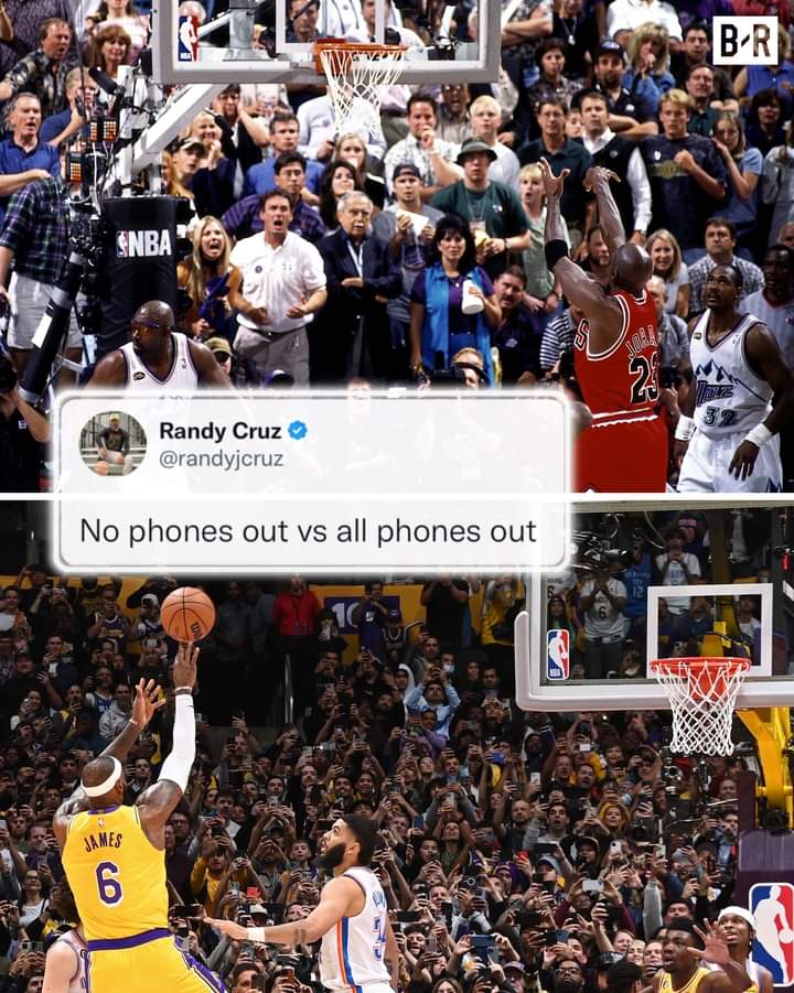 What yall think? 👀 #nophones #vs #phonesout #LeBronJames #Jordan #LakersNation #BullsNation #lakers #ChicagoBulls #History #thatshot #crazy #LeBronRecord