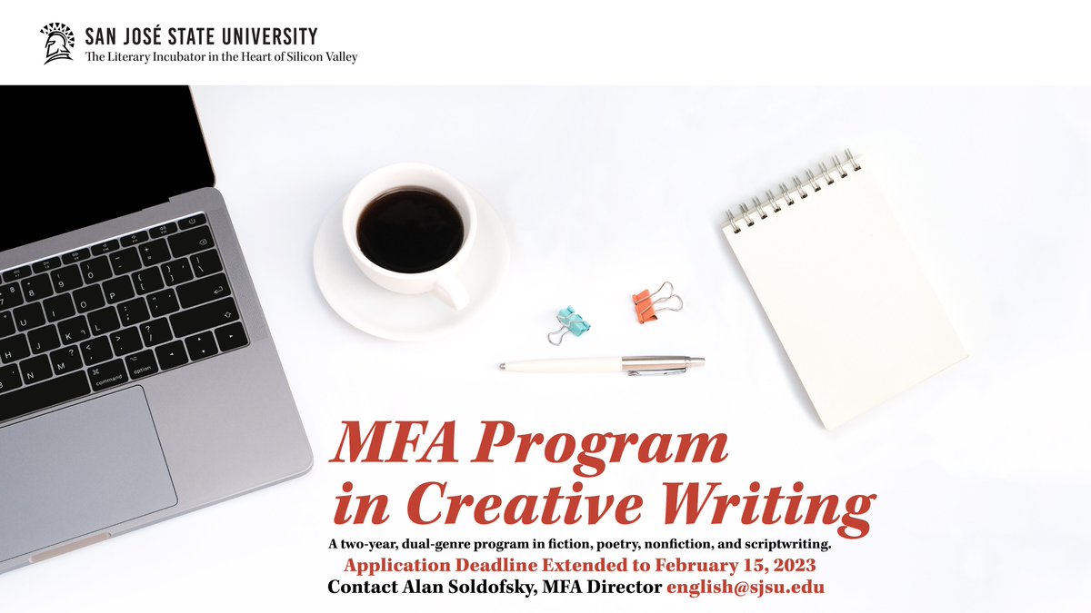 sjsu_english's tweet image. Prospective MFA students!

There's still time to apply for the Master of Fine Arts (MFA) Creative Writing program @SJSU ! The application deadline is February 15th. Visit sanjosemfa.com to learn why you should choose our MFA program!