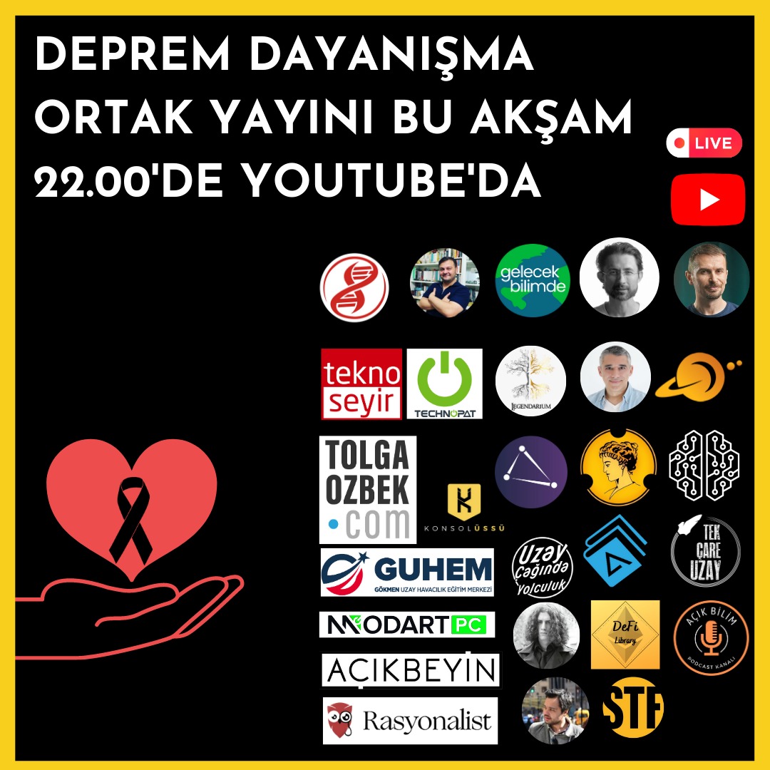 uzaycagindaa's tweet photo. Bu akşam saat 22.00'de Youtube Türkiye'nin en büyük dayanışma yayınını bilim ve teknoloji platformları olarak deprem bölgesi için birlikte yapacağız. 

#bilim #deprem #ahbap #afad #afaddeprem #bağış https://t.co/6CK4iwZgYt
