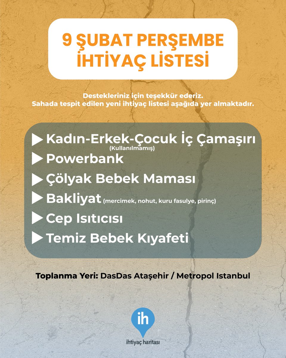 ihtiyacharitasi's tweet image. Güncel İhtiyaç Listesi

Belirtilen ihtiyaçları DasDas Ataşehir'e bırakabilirsiniz.

 Current Needs List

You can leave the specified needs to DasDas Ataşehir.