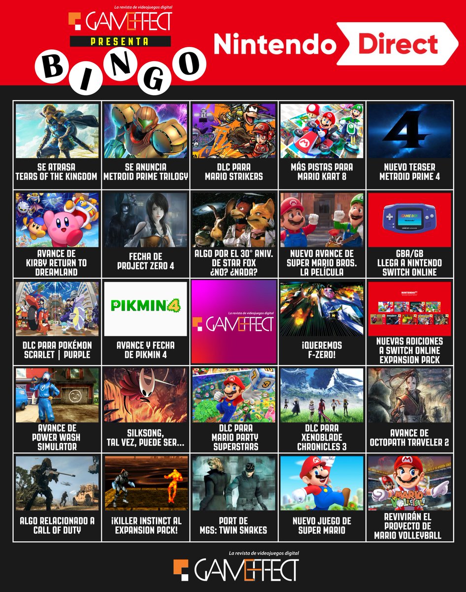 GameEffectMx's tweet photo. Se viene el evento más esperado por la comunidad Nintendera: El Nintendo Direct. Y como es costumbre, aquí en Game Effect nos la rifamos con el bingo.
Y tú: ¿Por cuál le vas?
#Nintendo
#NintendoSwitch
#NintendoDirect
#Gameffect
#gameffect_mx https://t.co/PXB6Hgll4m