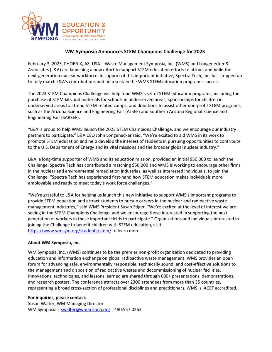 Press Release: WM Symposia Announces STEM Champions Challenge for 2023!  Read more at: mailchi.mp/wmarizona/2023…

#WMSym2023 #WMSTEM #STEMChampionsChallenge #STEM