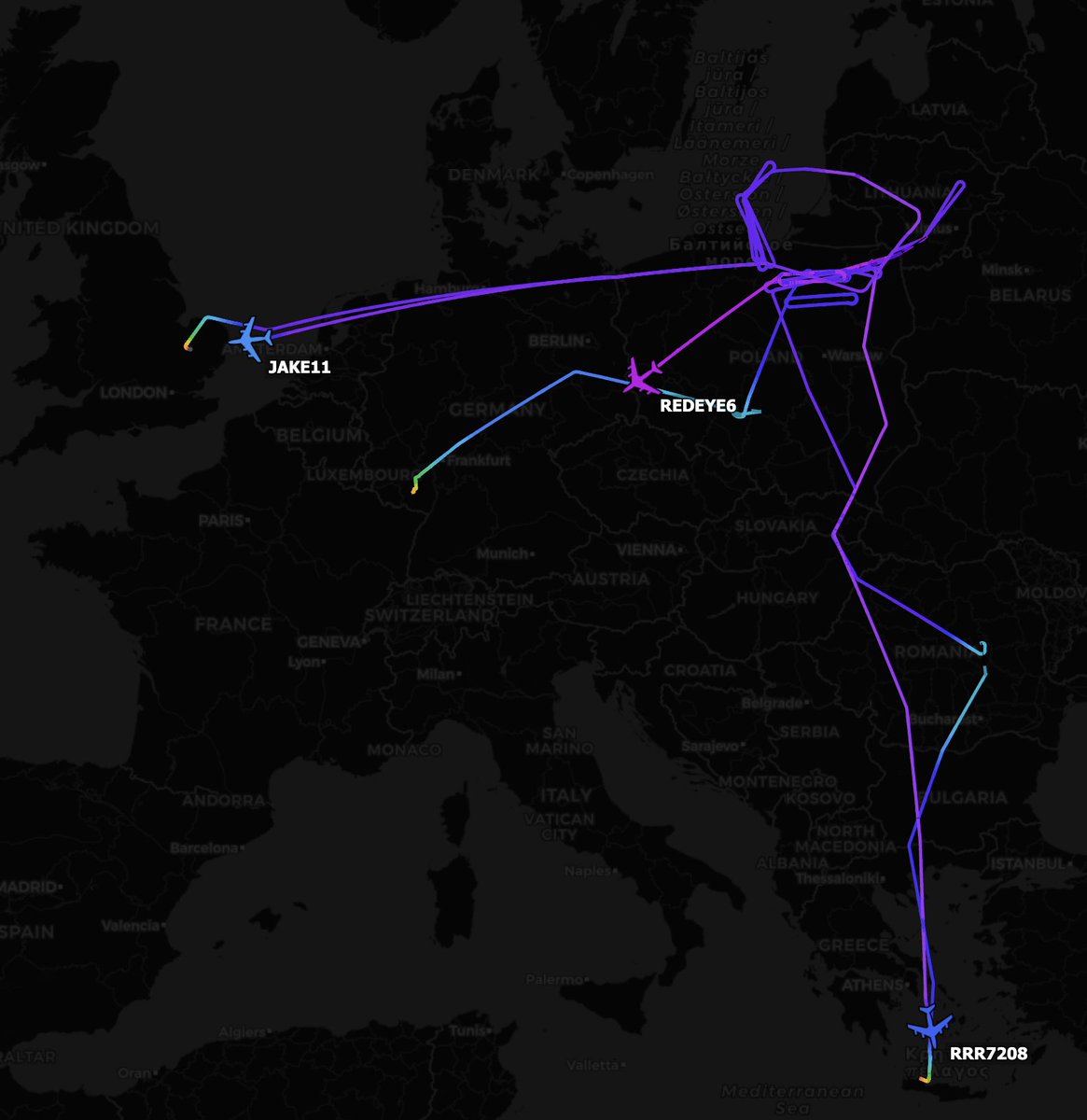 TheSnoopySnoop's tweet photo. In other news today 👀

All returning to the roost after some intense ops around Kaliningrad &amp; possibly Belarus

#RRR7208 RC-135 Rivet Joint 🇬🇧 #43C38C ZZ664
#JAKE11 RC-135 Rivet Joint 🇺🇸 #AE01CC 62-4131
#REDEYE6 E-8C Joint STARS 🇺🇸 #AE148F 94-0285

#AvGeek #Planespotting https://t.co/ZiShgzLLs3