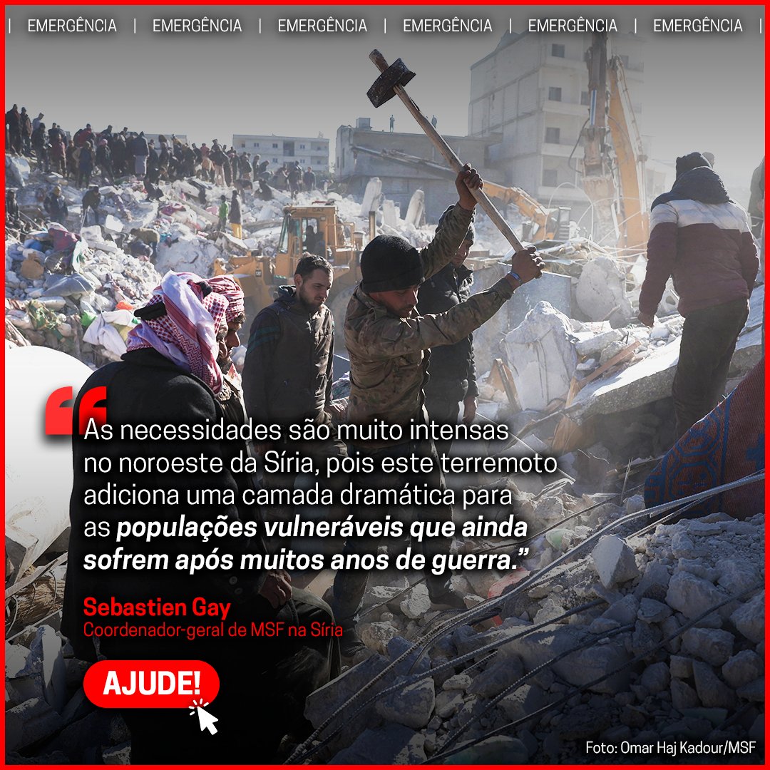 🛑Após os terremotos que atingiram o sul da #Turquia e o noroeste da Síria, #MSF, que já estava presente dando apoio à população na #Síria, está trabalhando para atender o grande número de feridos que chegam.

Ajude-nos a seguir atuando em emergências: m.msf.org.br/e.m