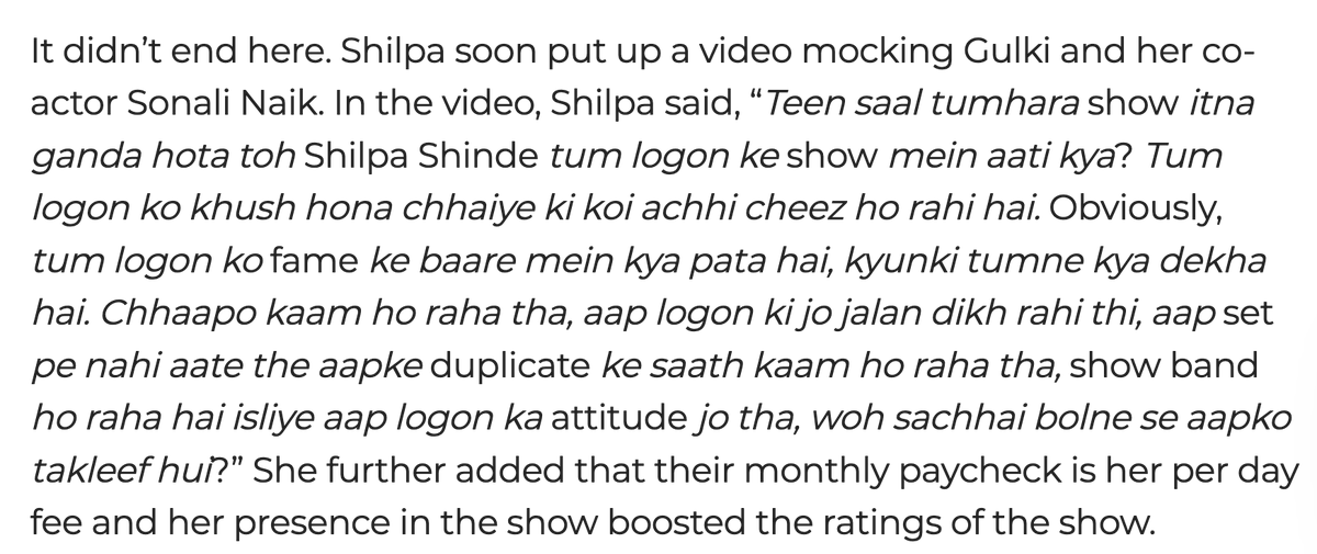TellyWit's tweet photo. So, about #ShilpaShinde 
Chidiya Ghar - left show, another actress came, but came back due to which previous actress had to quit, &amp; quit again because didn't like role!
#BhabijiGharParHain, Gangs of Filmistan - controversy, producers bad, ok.
Now unwanted attacks on #MaddamSir https://t.co/P3L5EV7y3x