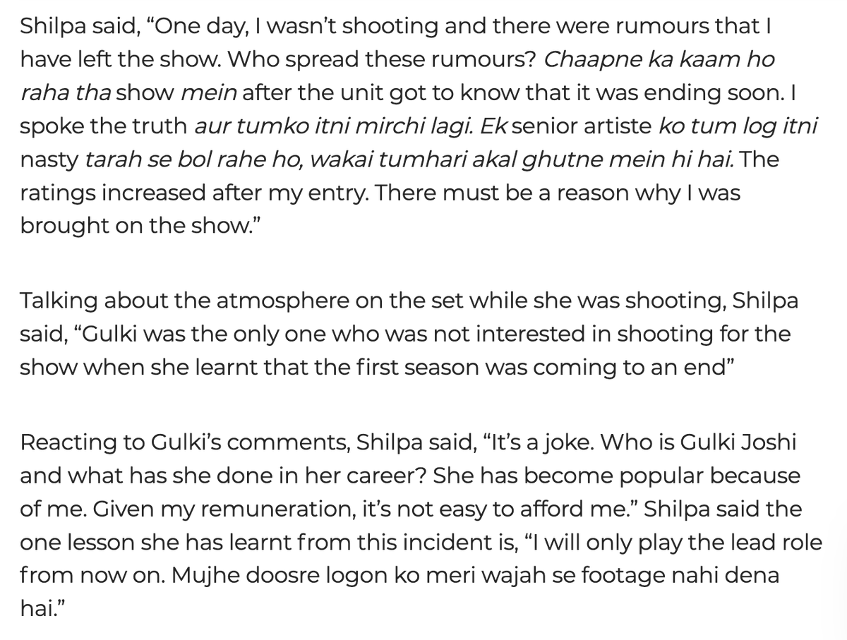 TellyWit's tweet photo. So, about #ShilpaShinde 
Chidiya Ghar - left show, another actress came, but came back due to which previous actress had to quit, &amp; quit again because didn't like role!
#BhabijiGharParHain, Gangs of Filmistan - controversy, producers bad, ok.
Now unwanted attacks on #MaddamSir https://t.co/P3L5EV7y3x