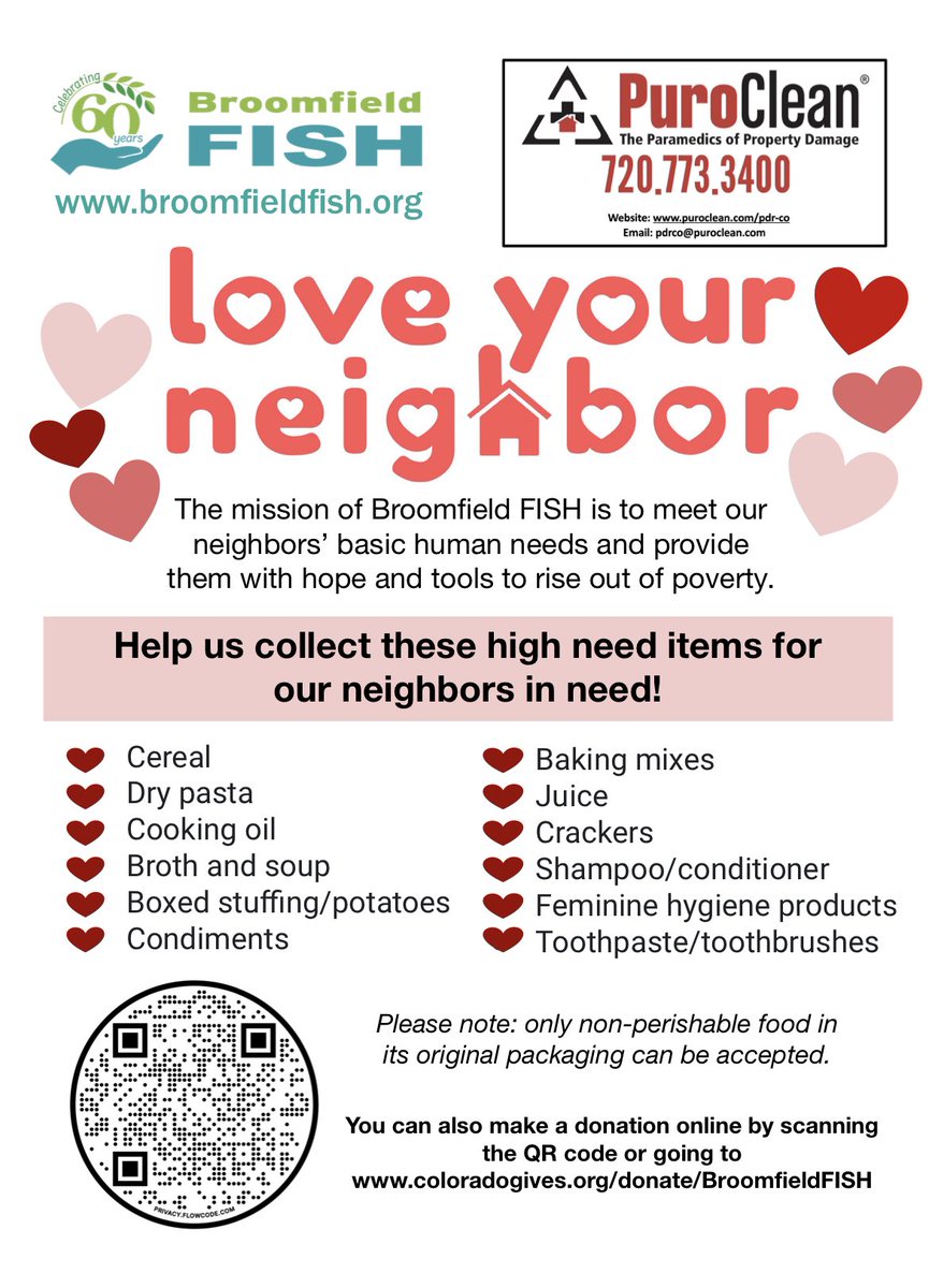 We are doing a food drive. You can contribute by bringing in or giving our team members non-perishable food items or you can simply donate (use QR code on flyer). Join us in helping others! #PuroCleanTeam #WeCare #HaveHope #SpreadLove #OurCommunityMatters