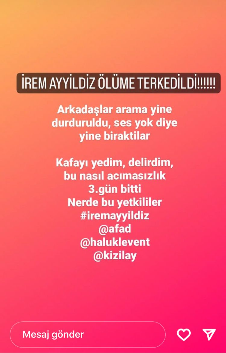 Aramalar durdurulmuş yardım edin

SİTE KOLONLARI AYRILMAMIŞ BÜTÜN OLARAK YIKILDIĞI İÇİN ARAÇLARA İHTİYAÇ VAR 
iREM AYYILDIZ 
KAHRAMANMARAS
DULKADIROGLU iLCESi
ASLAN BEY MAHALLESi
7061 SOKAK GÜNESLI
KOCABAS SiTESI
0530 147 48 82