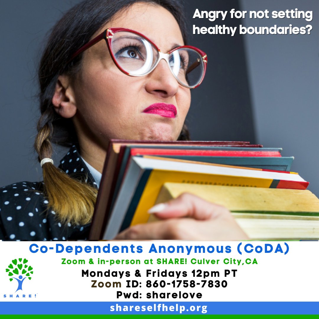 shareselfhelp's tweet image. Do you say "Yes" to things you don’t want to do & then feel resentful? Do you want to learn to say “No” & not feel bad about it?
Co-Dependents Anonymous (CoDA) meeting:
shareselfhelp.org
#SHAREselfhelp #supportgroup #codependentsanonymous #codependent #settingboundaries