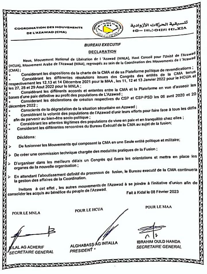 AlbacherM's tweet photo. Déclaration politique de fusion des Mouvements de la CMA,  kidal lec98 février 2023 https://t.co/OSmp2b5sKo