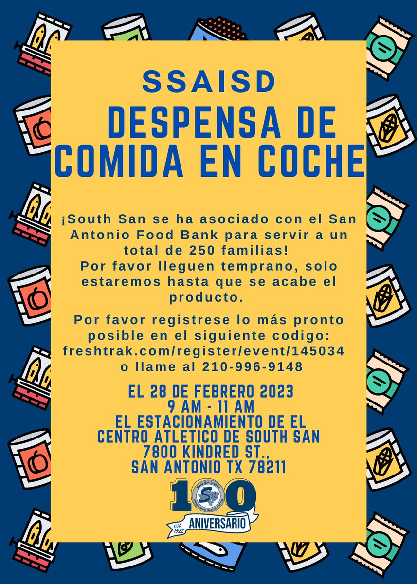 SSAISD has partnered with <a href="/safoodbank/">San Antonio Food Bank</a> to serve 250 families at our next Comm. Food Drive on Tues. Feb. 28 from 9am-11am at the SSAISD Athletic Center at <a href="/SSAISDssahs/">South San HS</a>.

If interested, pre-register by visiting the link below or calling the number listed.

freshtrak.com/register/event…
