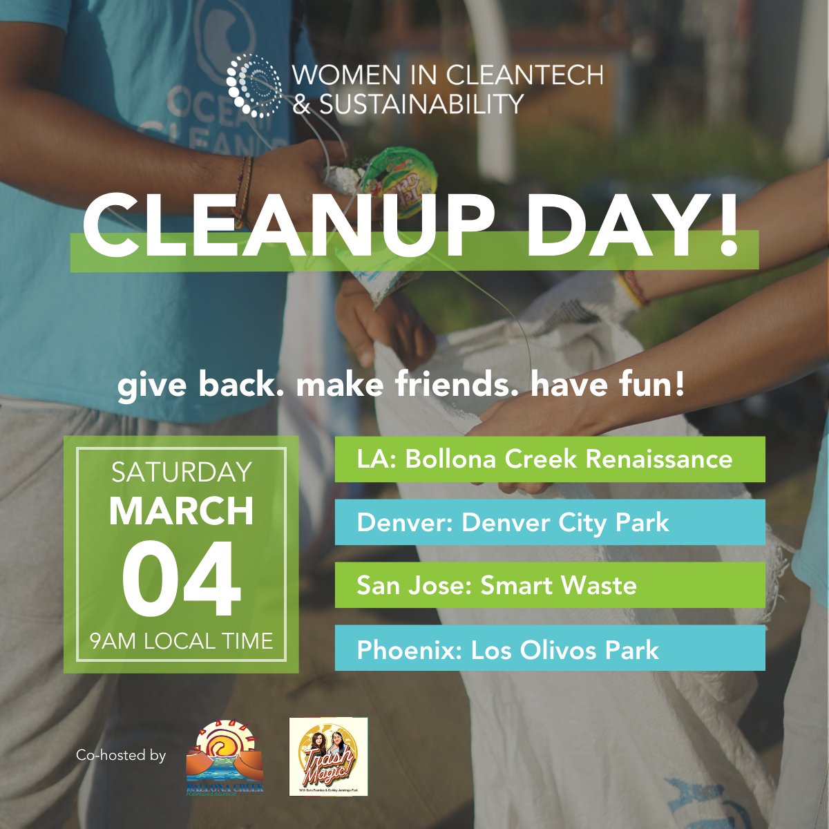 WomenCleantech's tweet photo. Join our mission to #keepearthclean and sign up for a WCS Cleanup Day at the location nearest to you! Weโll be in LA, San Jose, Phoenix and Denver for a few hours of community, clean up, and good convo, followed by a post-clean up happy hour! Sign up > https://t.co/jwNCqgAIKx https://t.co/hSCvECIPFZ