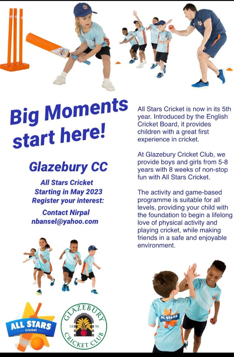 Looking for a fun, friendly sport for 5-8 year olds every Saturday? Then All Stars Cricket is perfect. 

FREE taster session: Saturday 13th of May, 9:45am-10:30am.

Register now 

Contact Nirpal for further information: nbansel@yahoo.com 

Link to sign up: ecb.clubspark.uk/AllStars/BookC…