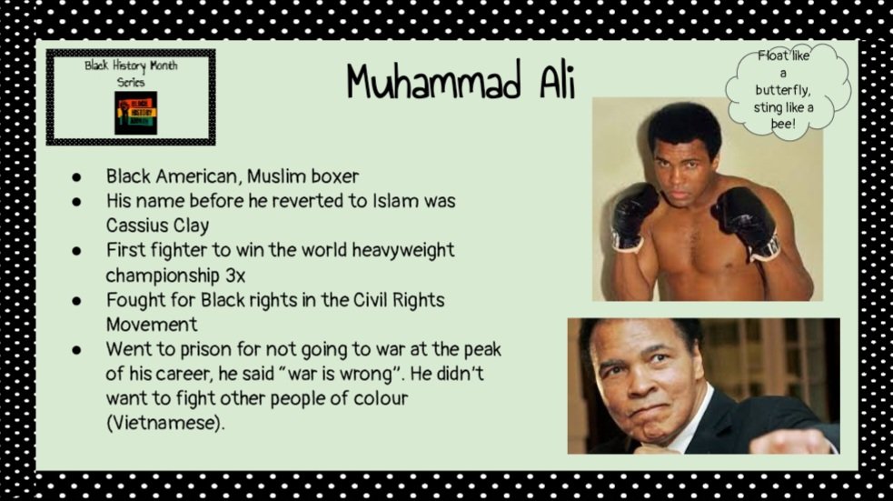 BHM- there was more to him than floating like a 🦋 and stinging like a 🐝. <a href="/DesmondHDSB/">Viola Desmond Public School</a> <a href="/HDSBEquity/">HDSB Human Rights, Equity & Inclusive Education</a> <a href="/MsBajwaa/">Amrit Bajwa</a>