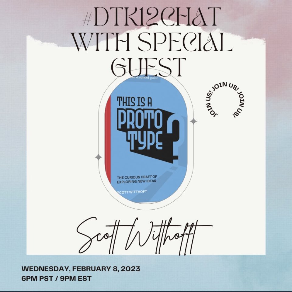 Ellen Deutscher (she, her) (@lndeutsch) on Twitter photo Reminder to join us #dtk12chat tonight 6pmPT. Tonight will be special guest <a href="/scaevolae/">scott witthoft</a> author of both <a href="/makespacebook/">makespacebook</a> (co-author) and This is a Prototype. <a href="/stanforddschool/">Stanford d.school</a> Reminder to join us #dtk12chat tonight 6pmPT. Tonight will be special guest <a href="/scaevolae/">scott witthoft</a> author of both <a href="/makespacebook/">makespacebook</a> (co-author) and This is a Prototype. <a href="/stanforddschool/">Stanford d.school</a>