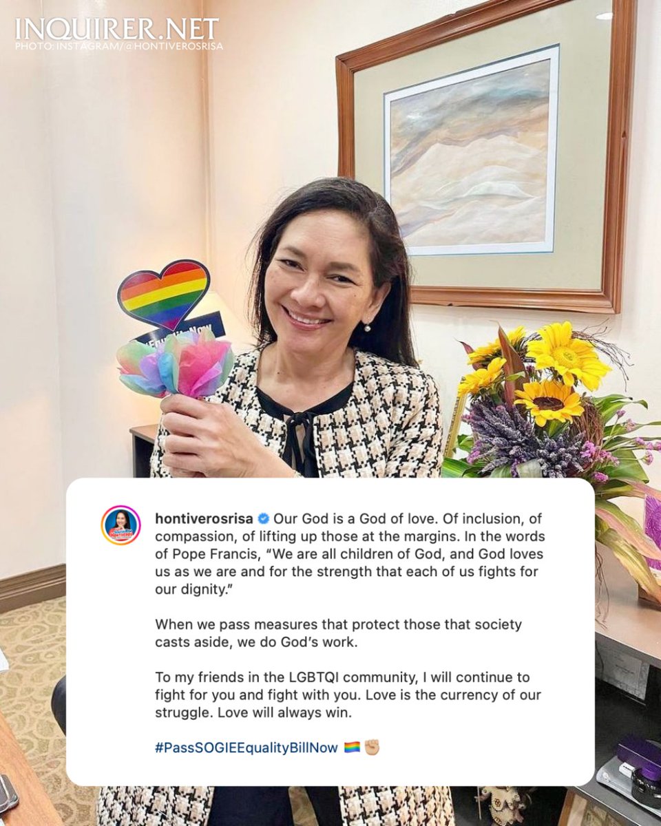 inquirerdotnet's tweet photo. ‘OUR GOD IS A GOD OF LOVE’
LOOK: Senator Risa Hontiveros voices out her support for the passage of the SOGIE Equality Bill as the measure is being discussed in the Senate. | 📸: Hontiveros https://t.co/PEaXOoVoyb