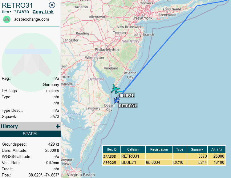 SirListenalot's tweet photo. #KC10 #AE0225 as #BLUE71 departed Lajes with three German #Eurofighter as #RETRO31-33. ~1805z they split up. The KC10 went to McGuire, the #EUFI's via SWL J174 ORF J121 WEAVR to Seymour Johnson https://t.co/kiATPfOLE8
