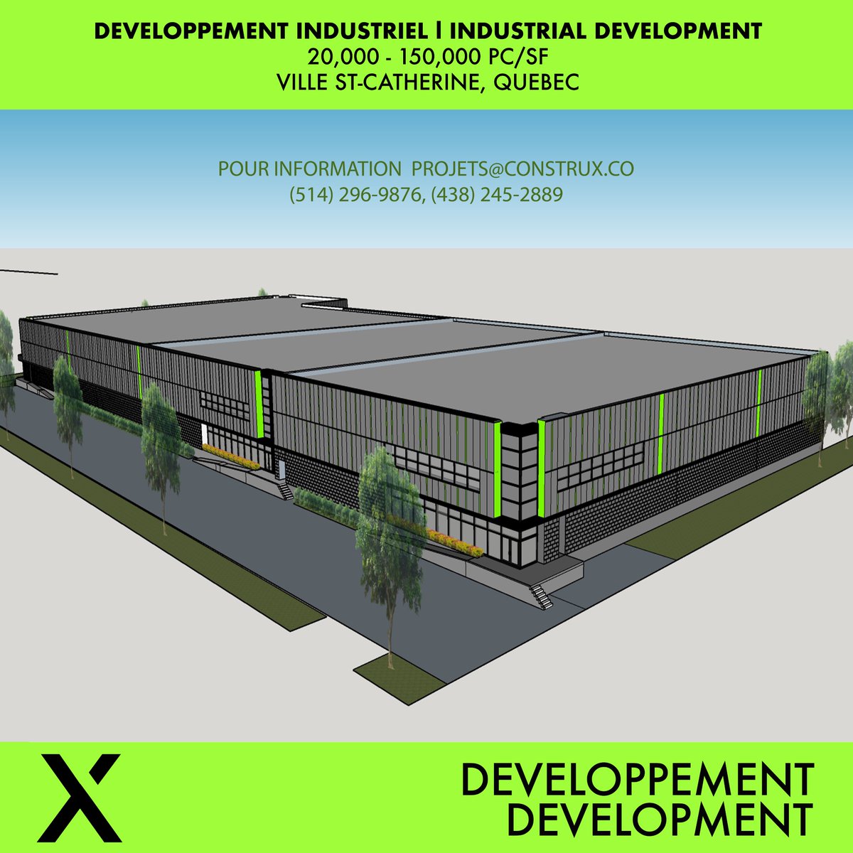 ConstruxCo's tweet image. For Lease or For Sale, Industrial Buildings to be developed in Ville St-Catherine, QC 20,000-150,000 SF.  For inquiries call the number below or email projets@construx.co.  #xdevelopment #construx #industrial #villestcatherine