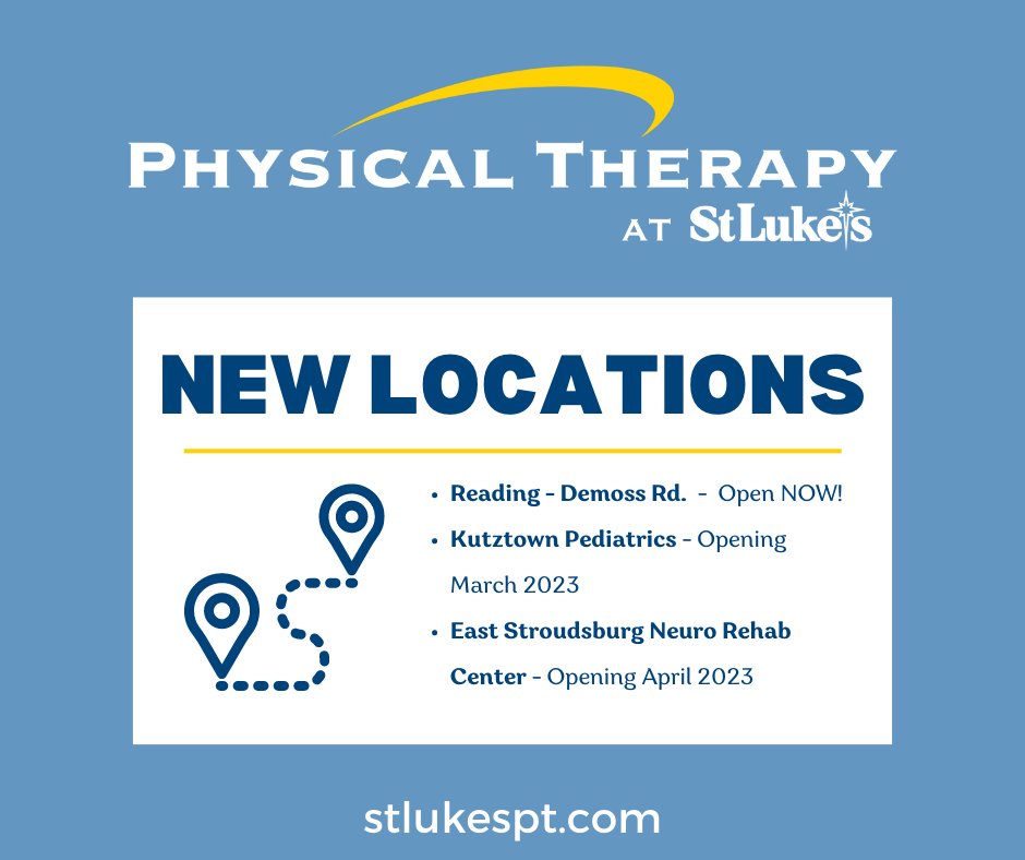 We are excited to announce that we are adding three new locations to Physical Therapy at St. Luke's! For more information or to schedule an appointment, call 484-526-5025 or visit stlukesphysicaltherapy.com/schedule!
#stlukesproud #newlocations #physicaltherapy