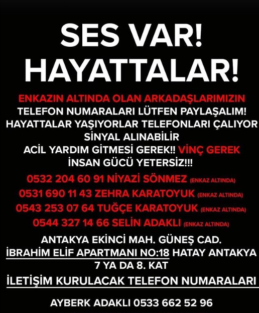 kerewozcnn's tweet photo. SES VAR ENKAZ ALTINDALAR!!!!!
 İLETİŞİM:0533 662 52 96 @OguzhanUgur @haluklevent @efeuygac @firat_oz @AFADBaskanlik #OguzhanUgur #deprem #HalukLevent #antakyahatay ÇOK ACİL https://t.co/jmoFJB2DD4