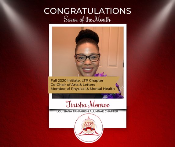 LTPDST's tweet image. Tinisha Monroe, a Fall 2020 initiate of the LTP, is being recognized as Soror of the Month for exemplifying key characteristics of a strong and effective leader. She has been consistent and actively engaged in leadership within the chapter, is true gem and a valuable asset!