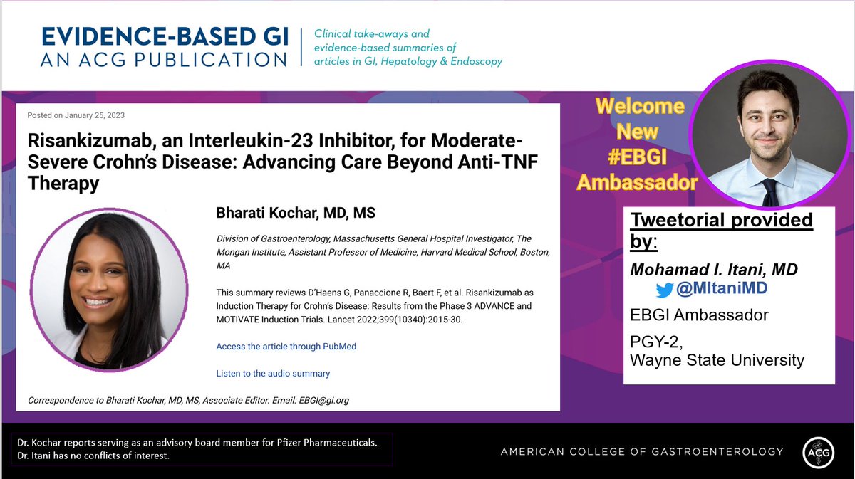 1/ Thank you for joining⏰#EBGI Tweetorial🧵w/ @MItaniMD!   “Risankizumab, an IL-23 Inhibitor, for Moderate-Severe Crohn’s Disease: Advancing Care Beyond Anti-TNF Therapy' 📜 Summary bit.ly/3DK9xVG @bkocharmd 🎧 Podcast bit.ly/3X6ftzg 📰 bit.ly/3laYqyz