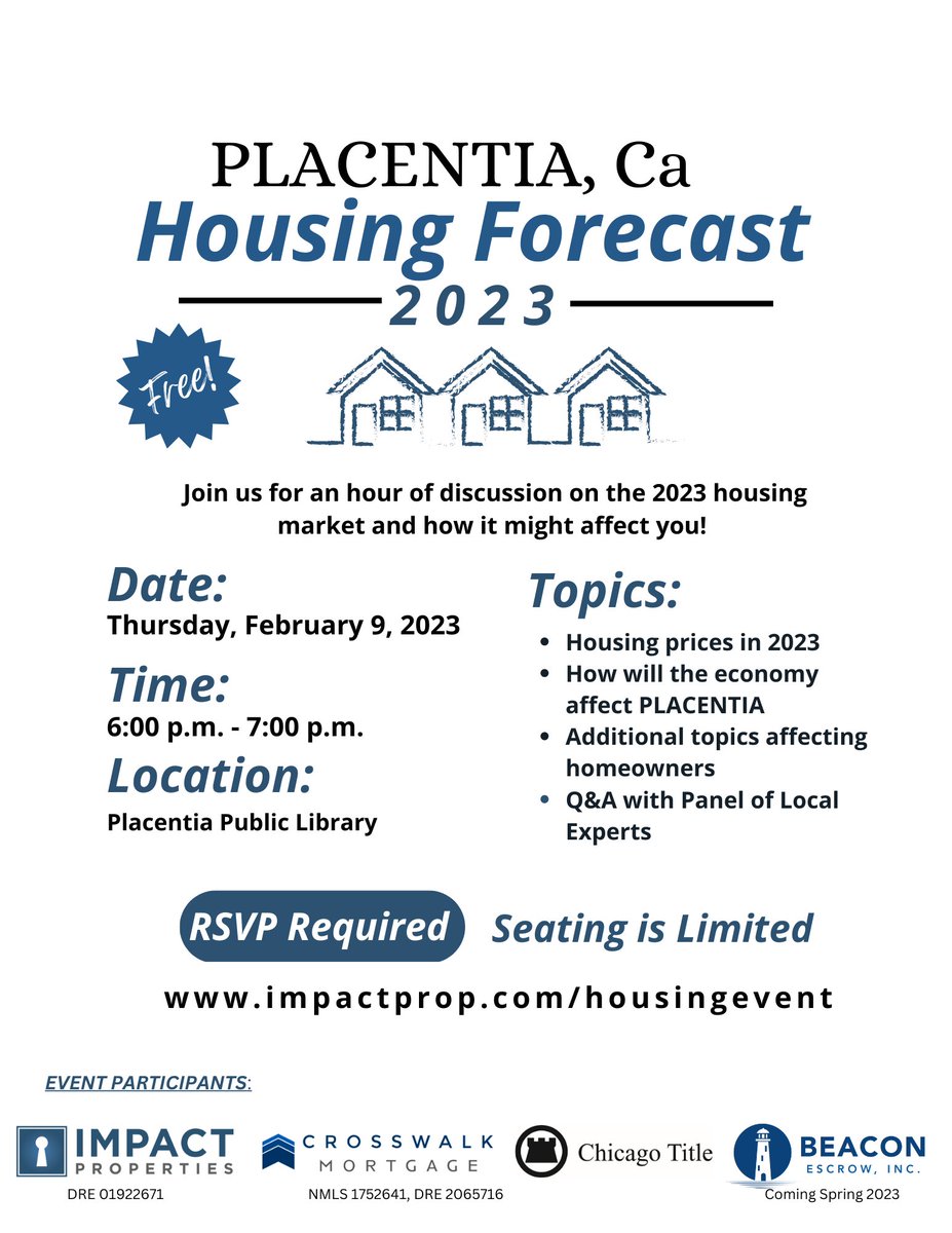 theimpactprop's tweet photo. If you’re in Placentia or know anyone in the area, we would love for you to invite them and bring yourselves over to talk about the 2023 housing market. Seen you then!
.
.
.
#IMPACTProperties #realtor #realestate #socalrealestate #homebuyer #explore #yorbalinda #placentia https://t.co/pNV6vtVtYk