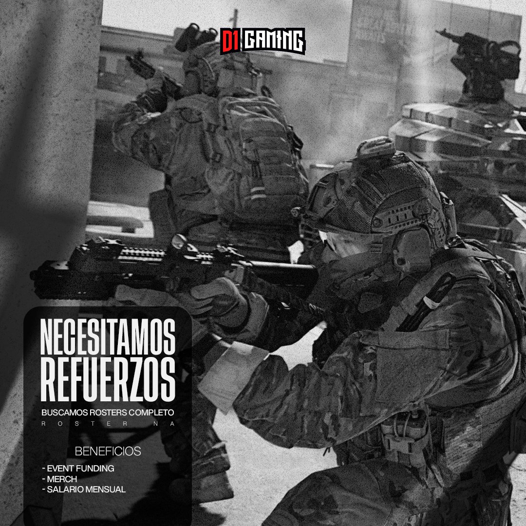 We are looking for a complete NA team, for the next events of <a href="/CODLeague/">Call of Duty League</a> 

Benefits: Entry to events - Merch - Monthly Salary

♥️🤍🖤 #WeAreD1 

Powere by <a href="/codexitos/">CODE Éxitos</a>
