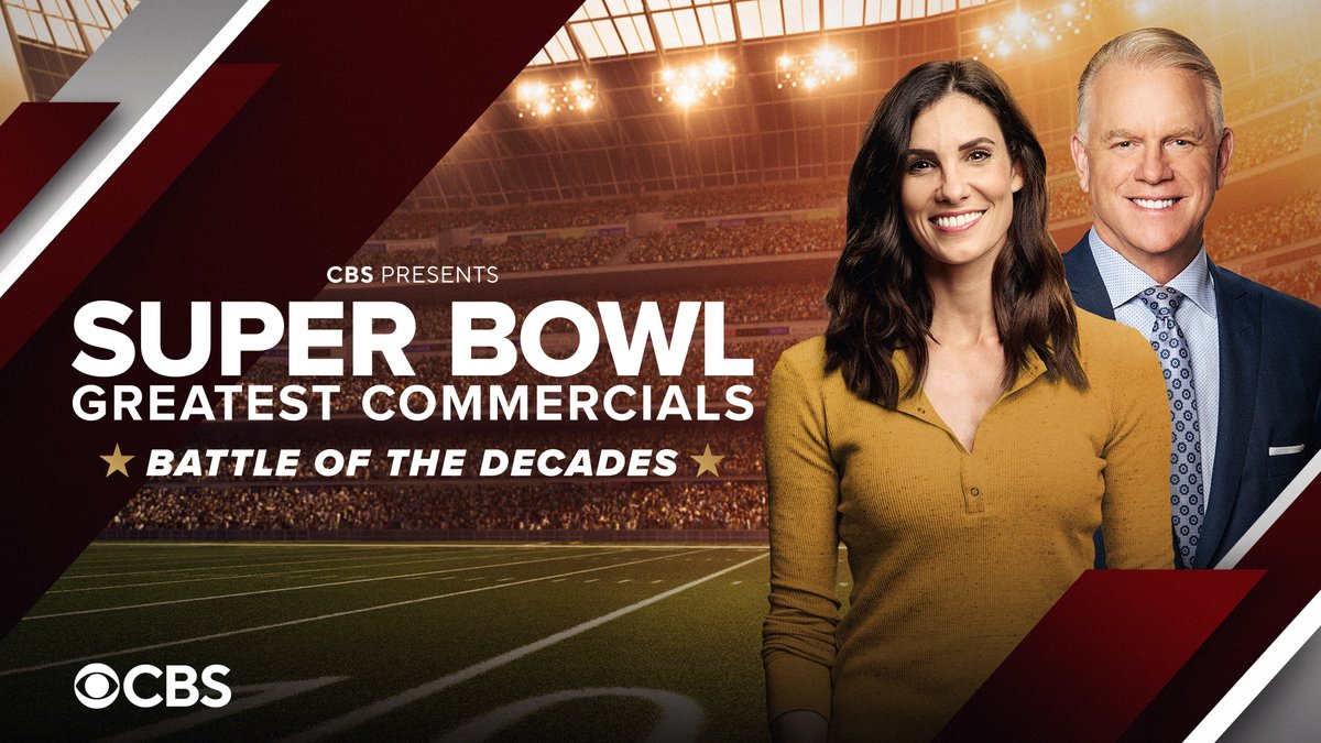CBS's tweet image. Bring it in! Super Bowl Greatest Commercials: Battle of the Decades hosted by @DanielaRuah and @7BOOMERESIASON starts NOW on CBS! #SBGC