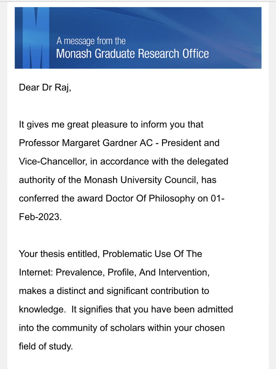 A surreal email to receive - still doesn’t feel real that 4 years of thesis work is over! Wouldn’t have been possible without my phenomenal supervisors <a href="/ProfYucel/">Murat Yucel 🔆</a> <a href="/VerdejoGAntonio/">Antonio Verdejo-García</a> <a href="/brain_stim/">Rebecca Segrave</a> or the team from <a href="/BrainPark/">BrainPark</a> and <a href="/AIRlab_/">Addiction and Impulsivity Research Group</a> 🥳 #PhDone