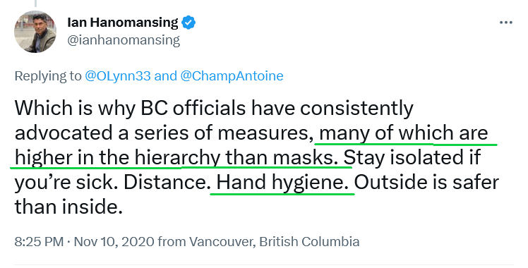 GoldenSaint's tweet photo. Some of this bad information was amplified by CBC's   Ian Hanomansing, who repeatedly pushed Dr. Bonnie Henry's claims that hand hygiene is more effective than masking against an airborne virus. https://t.co/i2WL5kD3qY https://t.co/2ZkFHyGSCx