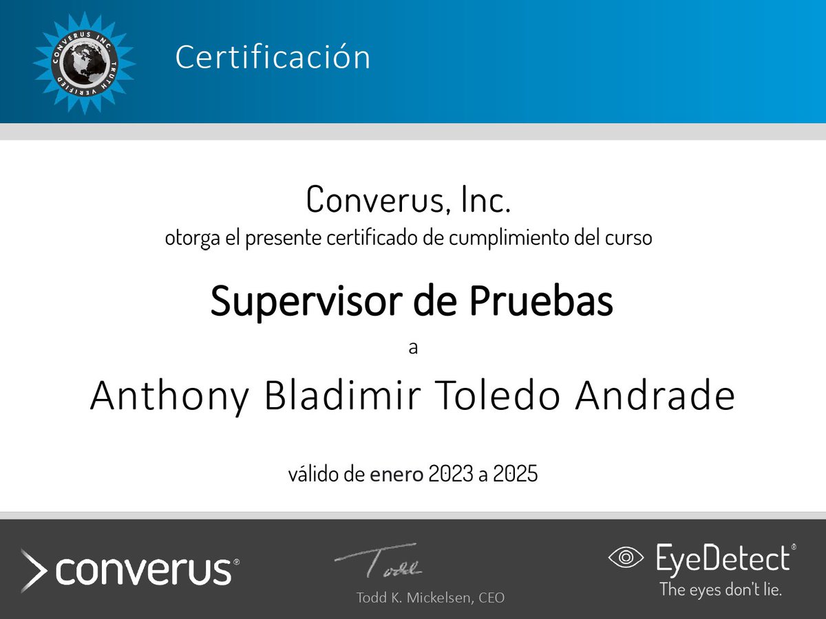 FextorGlobal's tweet photo. 👉 El personal de FEXTOR continúa en constante capacitación para ofrecer el mejor servicio a nuestros clientes.
🚨 @ConverusInc, empresa que proporciona tecnologías de evaluación de credibilidad validadas, certifica a nuestro personal como Supervisor de Pruebas #EyeDetect. https://t.co/kAiWtVirOF