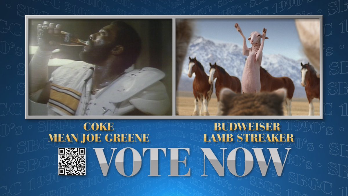 CBS's tweet image. This has been decades in the making. Which is the Super Bowl Greatest Commercial: Mean Joe Greene or Lamb Streaker? Cast your vote using the QR Code NOW! #SBGC