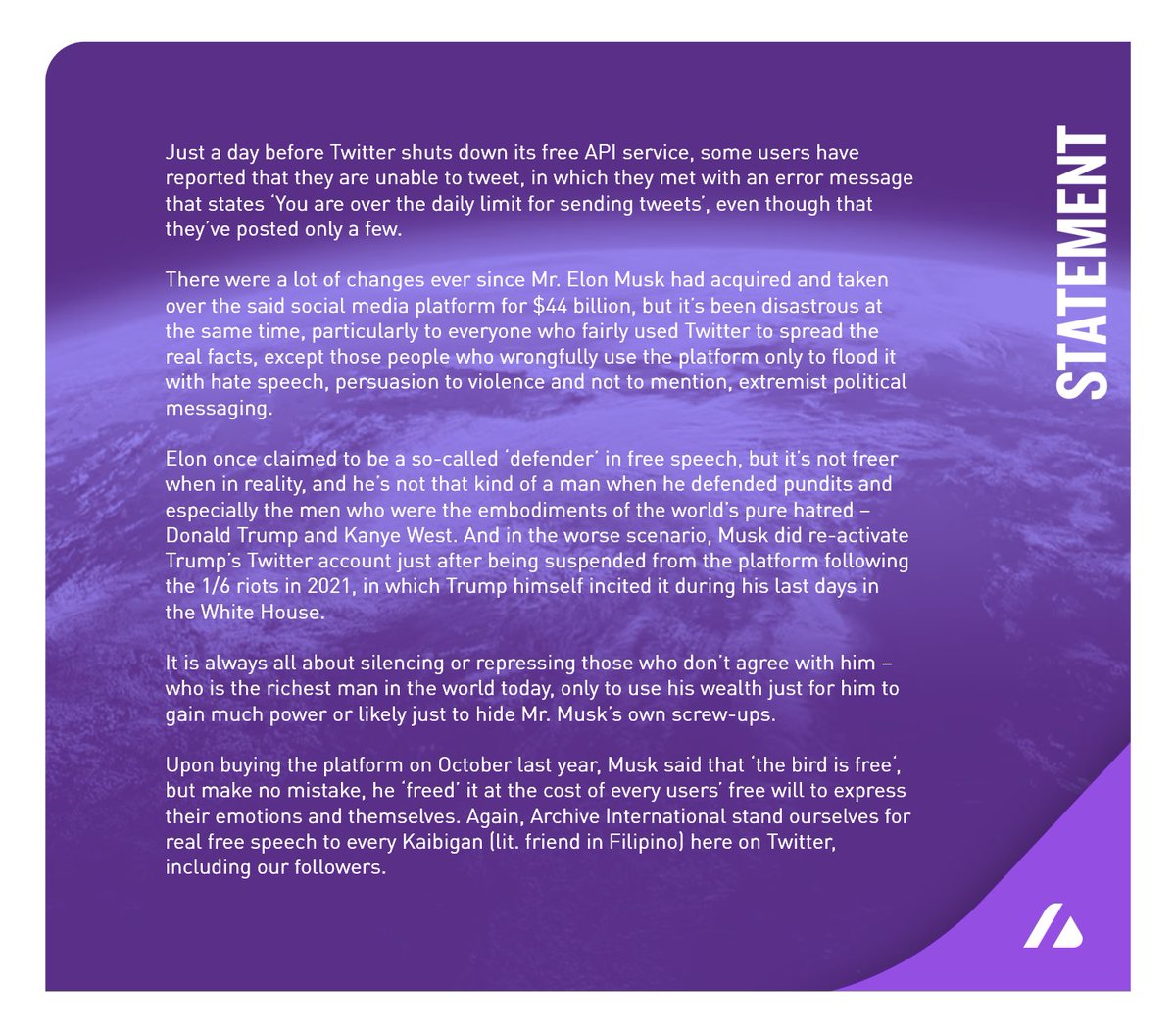 ArchiveInt's tweet photo. STATEMENT - Our statement regarding the recent developments and especially the issues here on Twitter right now.

P.S., we dare you to take this post down, Mr. Musk, because what you've done to this platform have induced consequences to many users here.

#FactsMatter   #ThisIsAll https://t.co/nZB0YipT3r