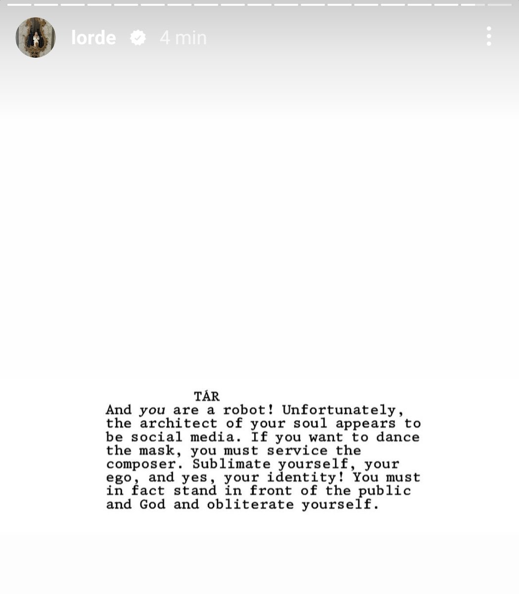 inklungz's tweet photo. Lorde posted the quote from Todd Field's movie TÁR on her ig story https://t.co/r6uDDYVYyb