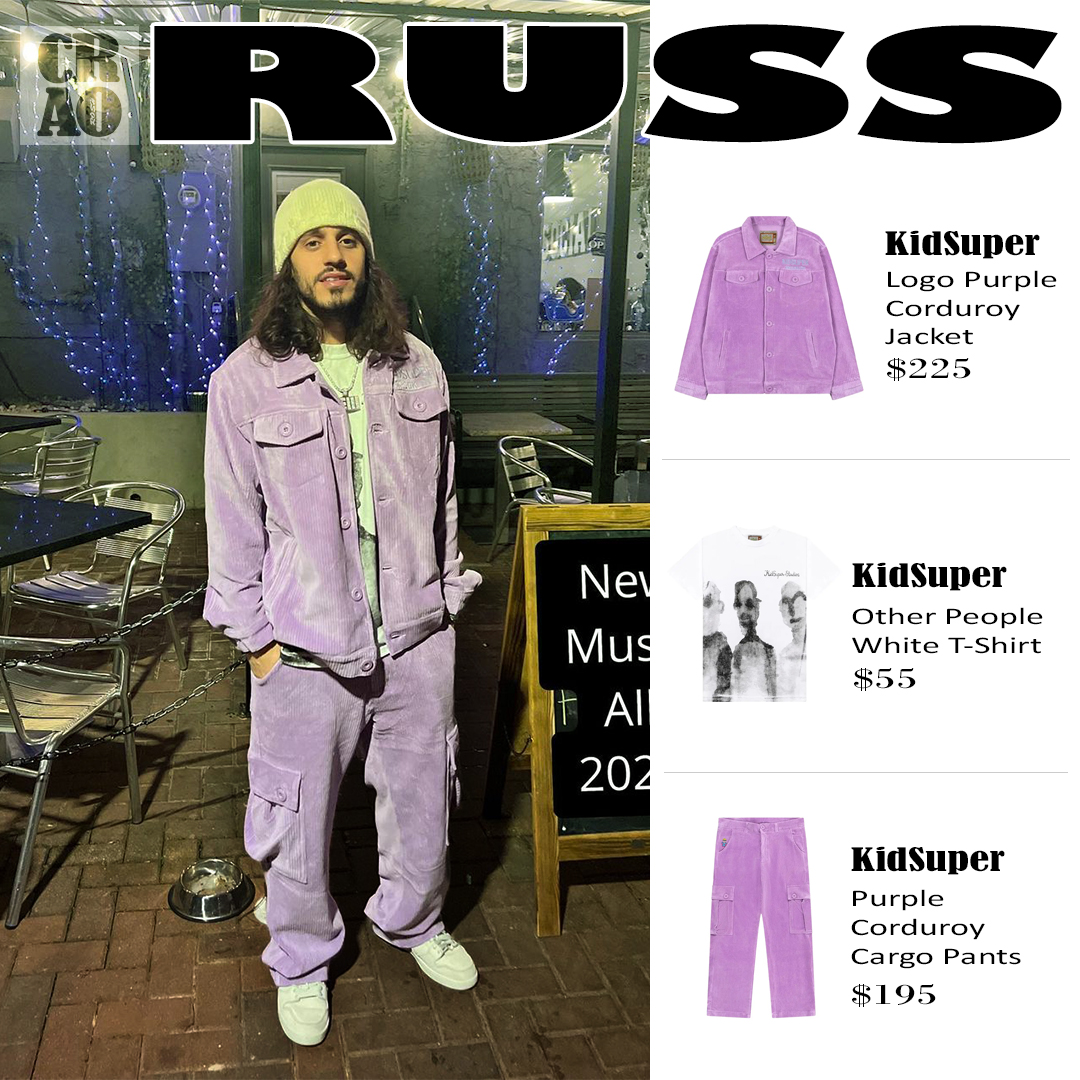 Russ wearing :
.
.
. @kidsuper Logo Purple Corduroy Jacket ($225)
.
. @kidsuper  Other People White T-Shirt ($55) 
.
. @kidsuper Purple Corduroy Cargo Pants ($195)
.
.
#russ #kidsuper #corduroyjacket #jacket #pants #cargopants #corduroypants #clothes