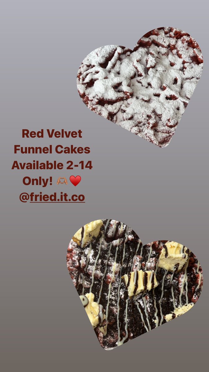 FriedIt3's tweet photo. Our Red Velvet Funnel Cakes will be available on Valentines Day ONLY! .You don’t want to miss out on this red velvety goodness! 😋♥️

#shsu23 #dessert #friedit #SHSU #shsufunnelcakes #huntsvillebusinesspage #redvelvet #funnelcake https://t.co/2QXNJVFJAU