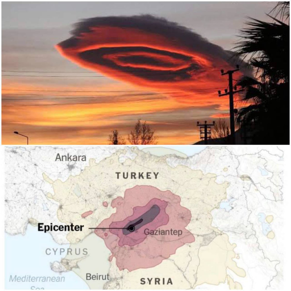 Do you remember a few days before the earthquake in Turkey, a strange cloud appeared in the sky? Look at this cloud and the epicenter of the earthquake. (📸: NY Times)
