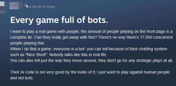 Very old steam post by a Rocket League player with just 1 hour of game-time. Seems he doesn't know what quick chat is and thinks he's playing with bots? 🤣 

Or maybe it's just a sarcastic post? I dunno, the game time makes me think it's legit though.