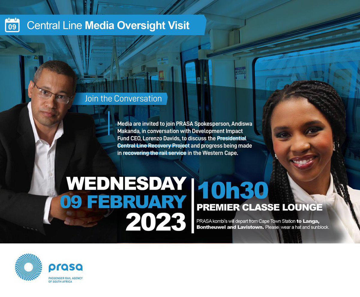 UrbanLo's tweet photo. It’s late. But I have space for 3 people - preferably media - who may want to join me &amp; Prasa Spokesperson Andiswa Makanda at 10:30 tomorrow (Thursday 9 Feb) on an inspection tour of the Central Line repairs. Please DM me if u wish to reserve one of 3 seats. #TrainConversations https://t.co/85wVmOgA0n