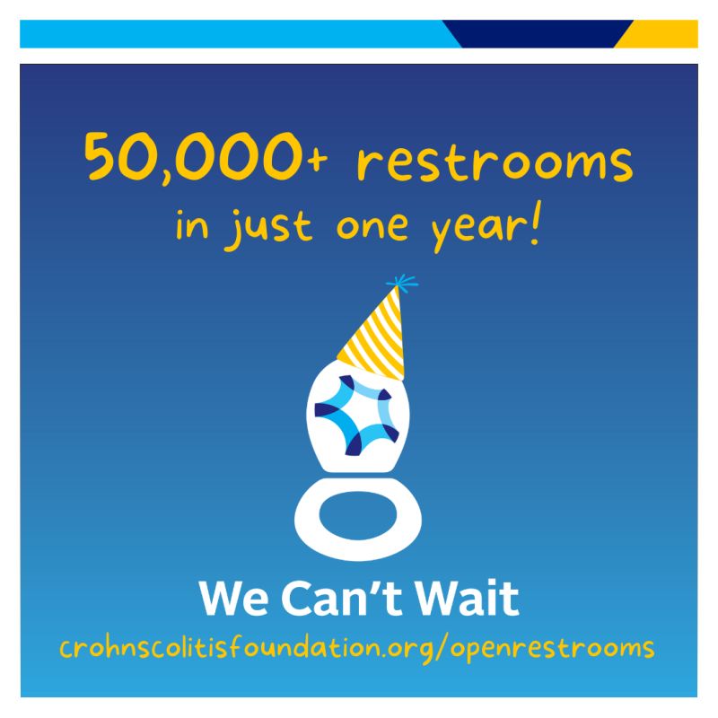 CrohnsColitisFn's tweet photo. We launched our #WeCantWait restroom finder app, the centerpiece of our #OpenRestroomsMovement, one year ago. Now, there are more than 50,000 restrooms on the app thanks to the contributions of the IBD community. Learn more: https://t.co/Ae2dbX4gf2 https://t.co/9H8G0iTM1r