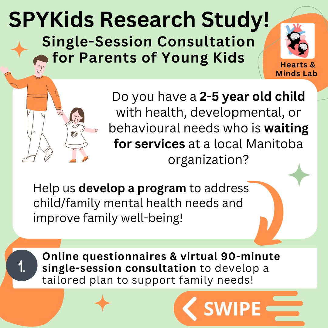 HeartsMindsLab's tweet photo. Do you have a 2-5 year old child who is waiting for specialized services at a Manitoban organization? We need your help with developing the SPYKids Program to support well-being for families who are on waitlists! See link for more info: https://t.co/XqXUblBos9 https://t.co/7UbihnLGpO