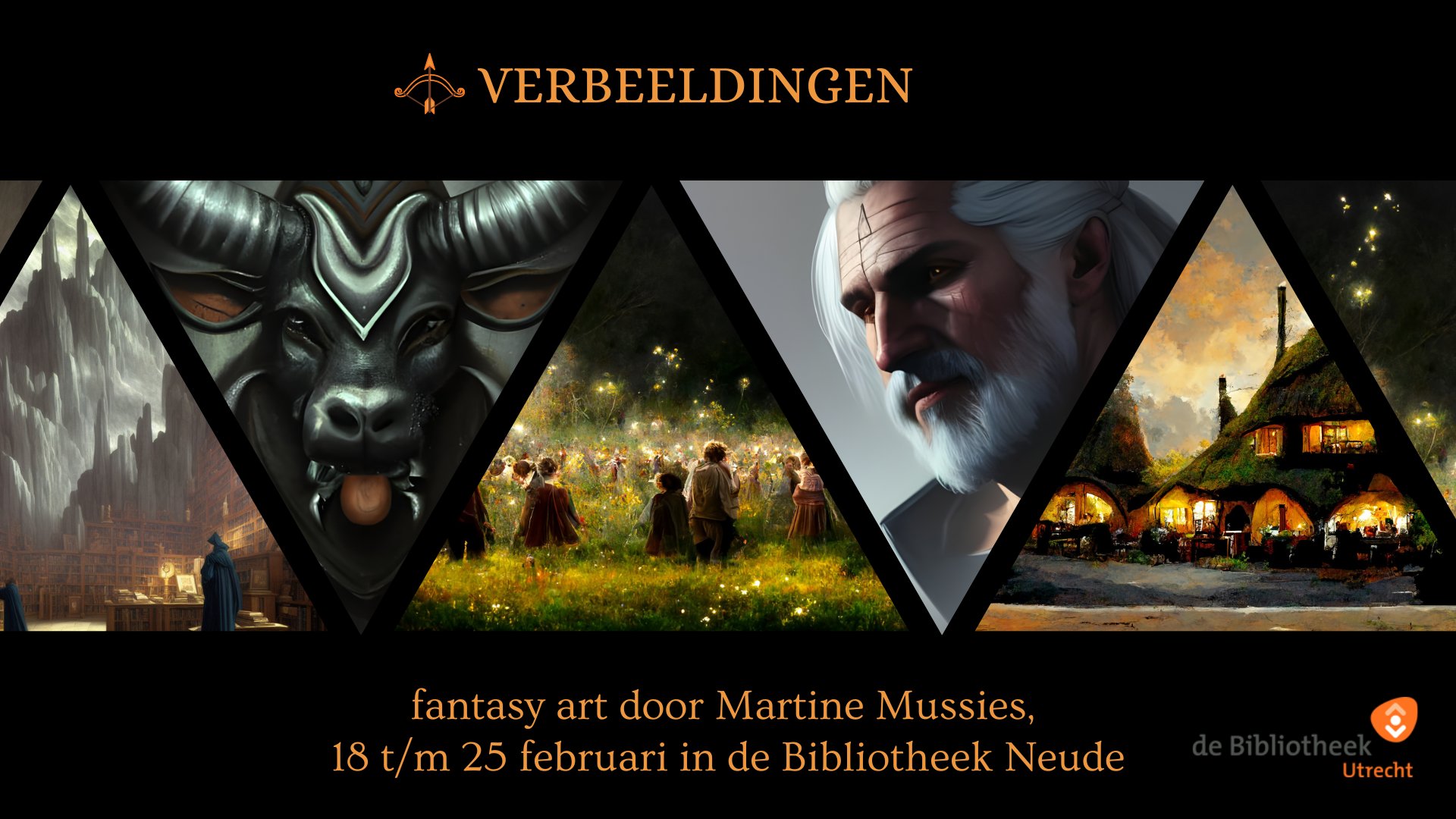 Fantasy Art exhibition in the library Utrecht, bibliotheek Neude, bibliotheek Utrecht, Martine Mussies, verbeeldingen, expositie, canvas