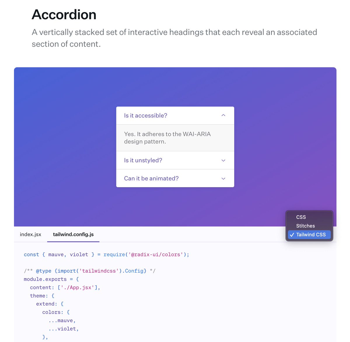 We have shipped the first demo of Radix + <a href="/tailwindcss/">Tailwind CSS</a> in our docs for the Accordion:

radix-ui.com/docs/primitive…

Special thanks to <a href="/joaom__00/">João Pedro Magalhães</a> for creating the initial POC  and being an all round legend in our community!